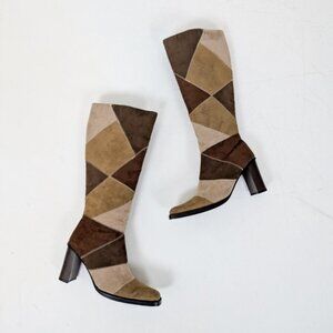 Patchwork Heeled Boots Y2K Talk Calf Length Chunky Heels Colour Block Square Toe